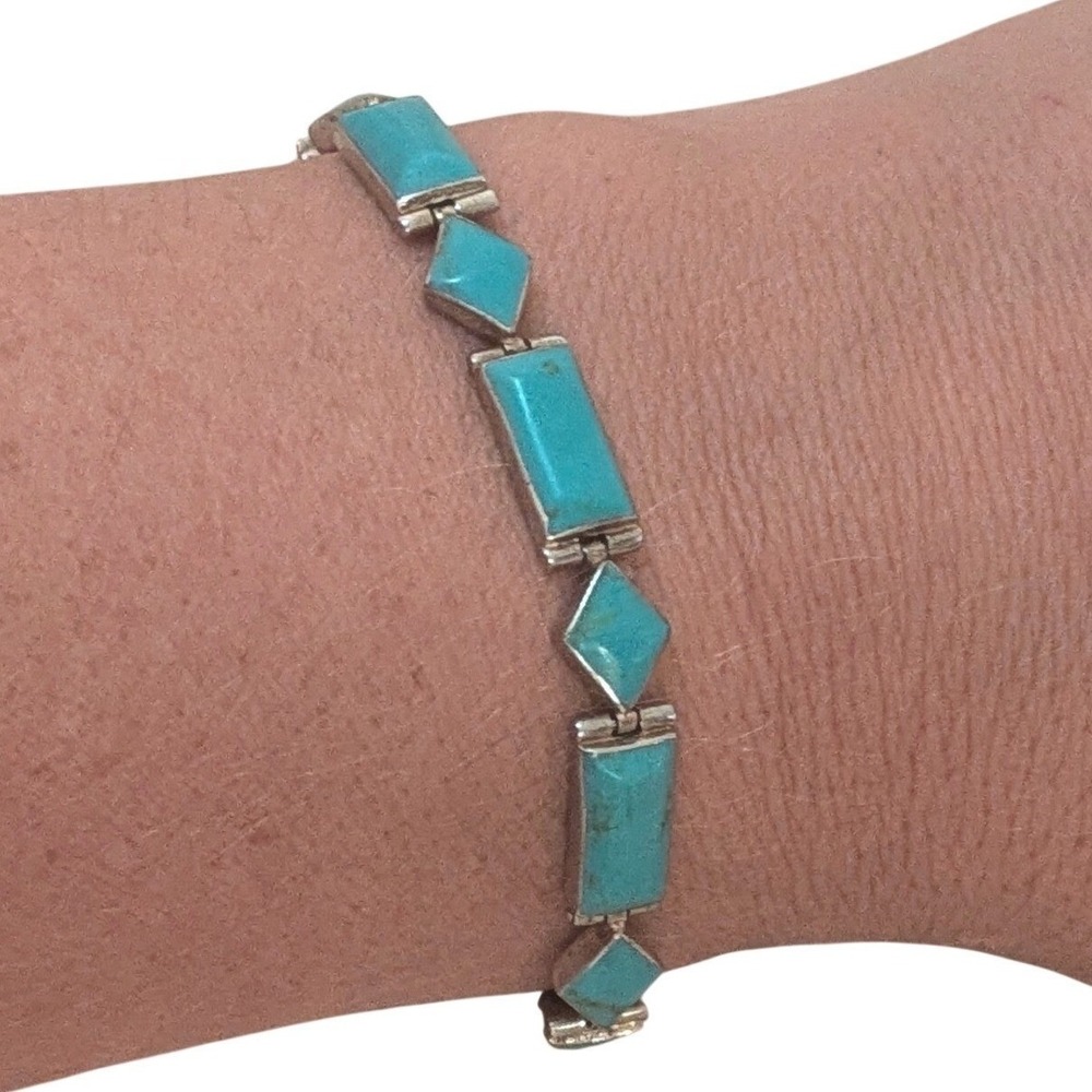 Vintage Mexico 925 Sterling Silver Turquoise Geometric Shape Inlay Link Bracelet